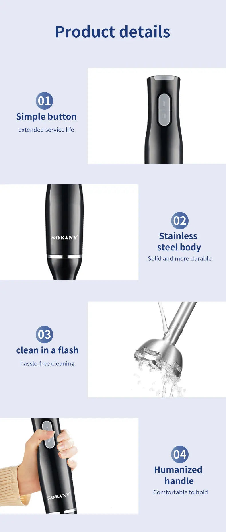 RAF 800W 4-Blade Hand Blender  Powerful, Fast Start, Easy Clean, Perfect for Smoothies