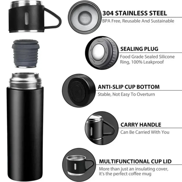Stainless Steel Vacuum Flask 500ml  Hot & Cold Insulated Bottle for Travel, Office, Gym & Outdoor Use