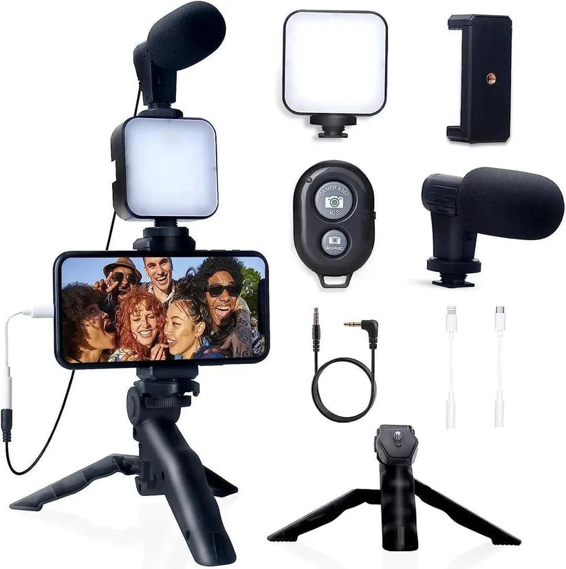 All-in-One Mobile Vlogging Kit  Tripod, LED Light, Microphone & Phone Holder  &  Content Creators