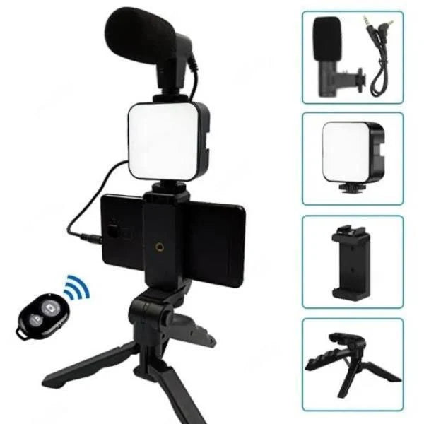 All-in-One Mobile Vlogging Kit  Tripod, LED Light, Microphone & Phone Holder  &  Content Creators