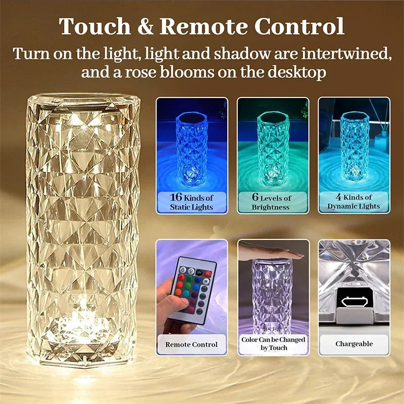 16 Colors Rose Touch Crystal Desk Lamp