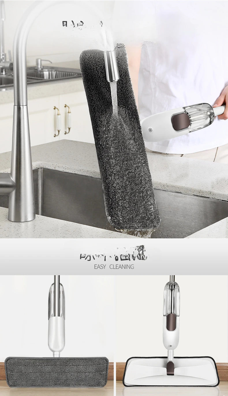 360° Rotating Water Spray Mop with Refillable Bottle and Washable Microfiber Pads for All Floor Types