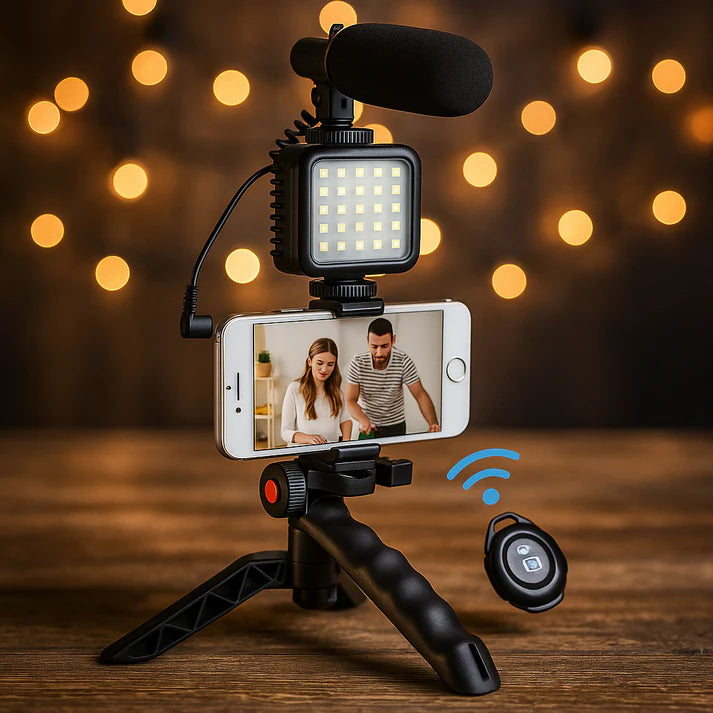 All-in-One Mobile Vlogging Kit  Tripod, LED Light, Microphone & Phone Holder  &  Content Creators